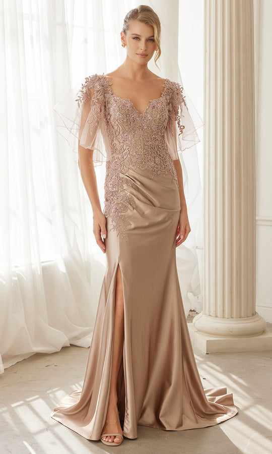 Nox Anabel ME148 - Lace Bodice Flutter Sleeve Evening Gown