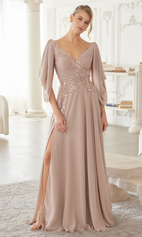 Nox Anabel ME151 - Draped Shoulder Applique Evening Gown