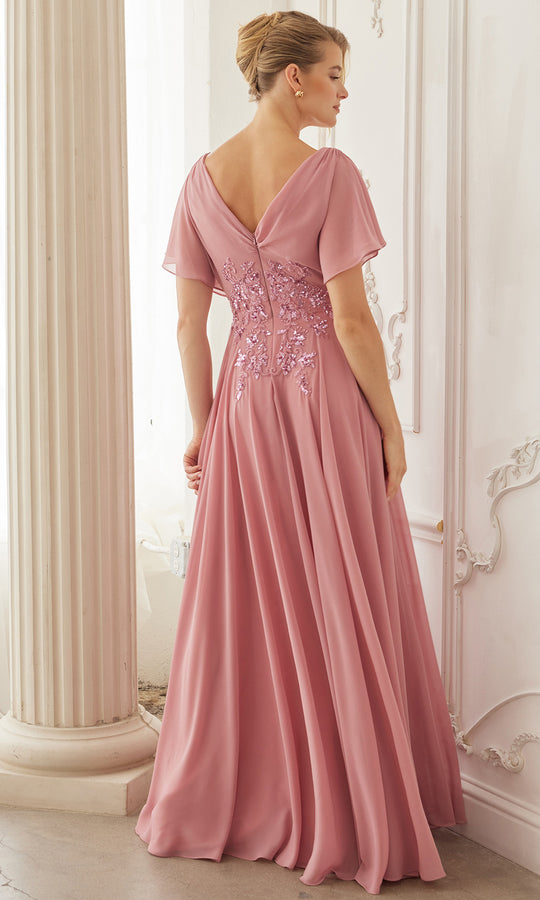 Nox Anabel ME152 - Flutter Sleeve Chiffon Applique Gown