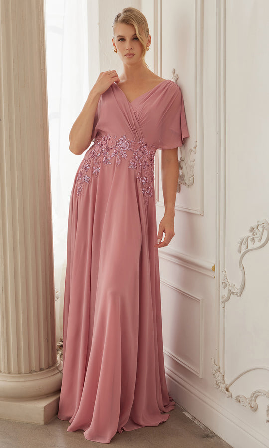 Nox Anabel ME152 - Flutter Sleeve Chiffon Applique Gown