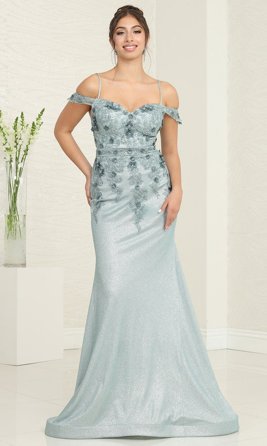 May Queen MQ2103 - Floral Applique Cold Shoulder Prom Gown