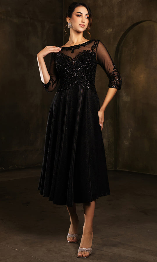 May Queen MQ2124 - Lace Illusion Tea-Length Glitter Dress