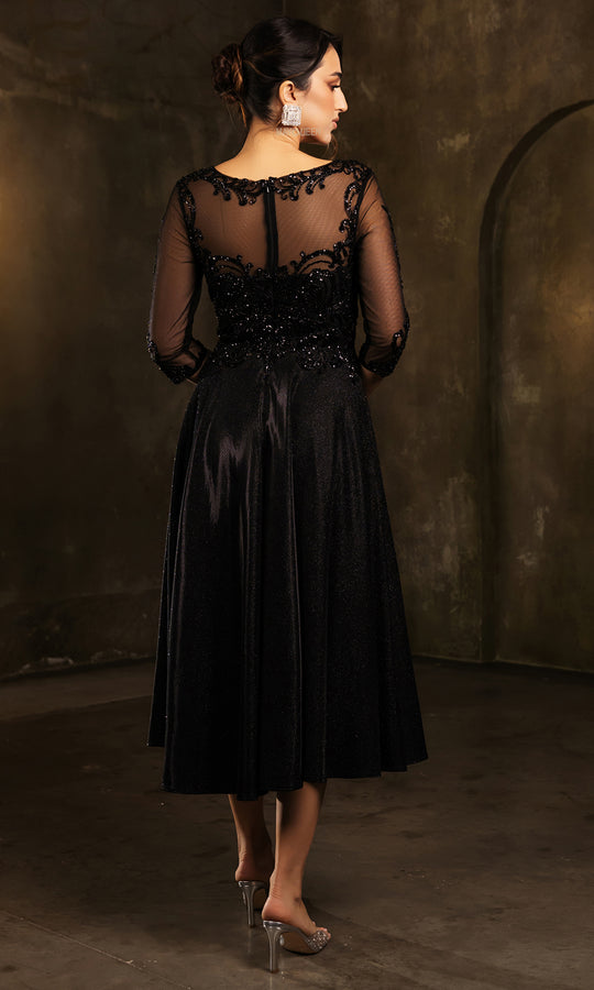 May Queen MQ2124 - Lace Illusion Tea-Length Glitter Dress