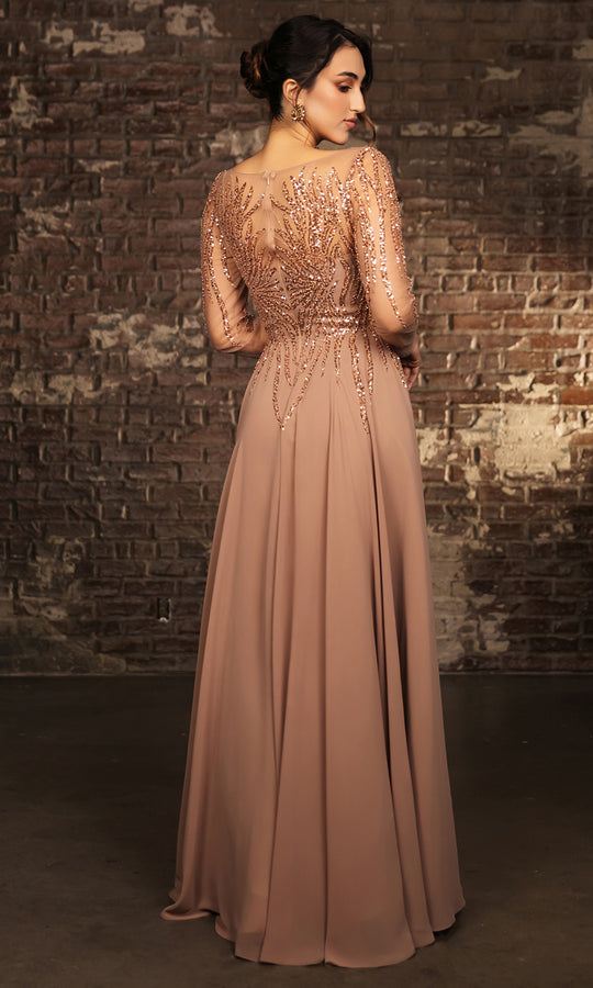 May Queen MQ2161 - Illusion Sleeve Sequin A-Line Gown