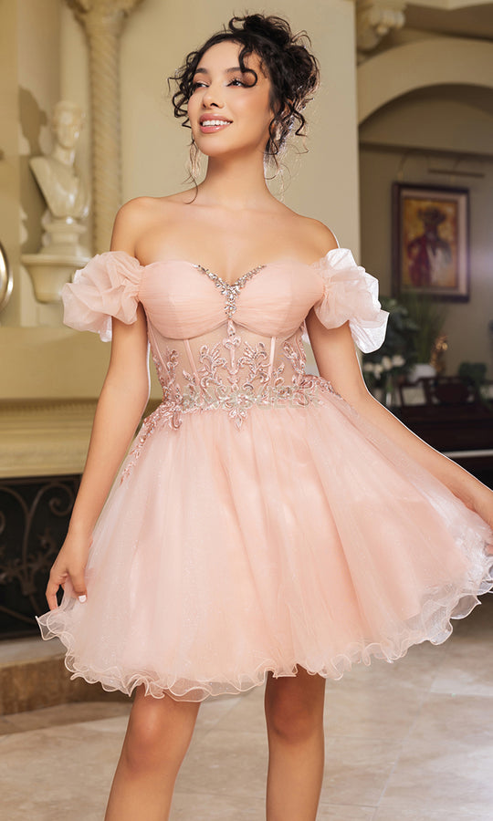 May Queen MQ2164 - Beaded Appliqued Corset Short Dress