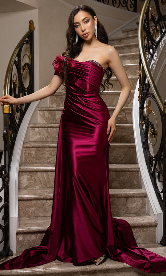 May Queen MQ2175 - Ruched Bodice Asymmetric Evening Gown