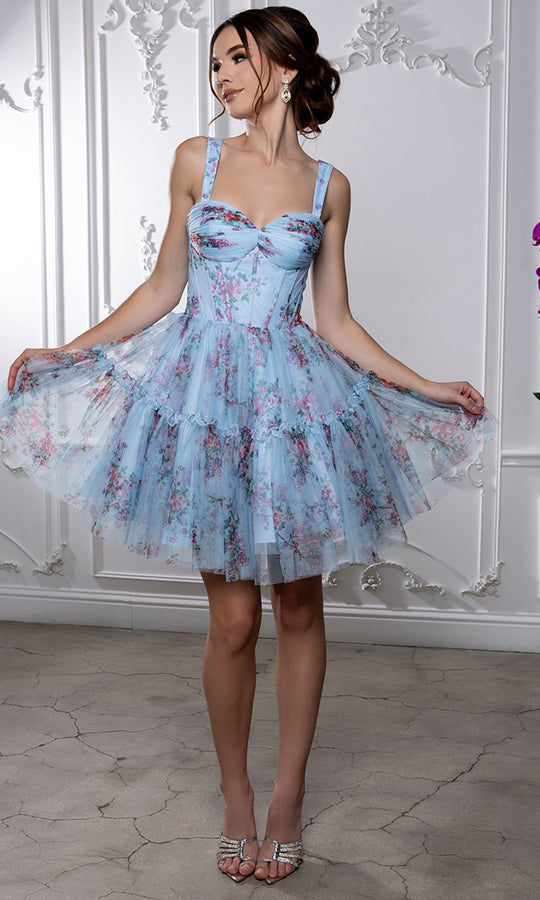 May Queen MQ2216 - Wide Strap Floral Print A-Line Short Dress