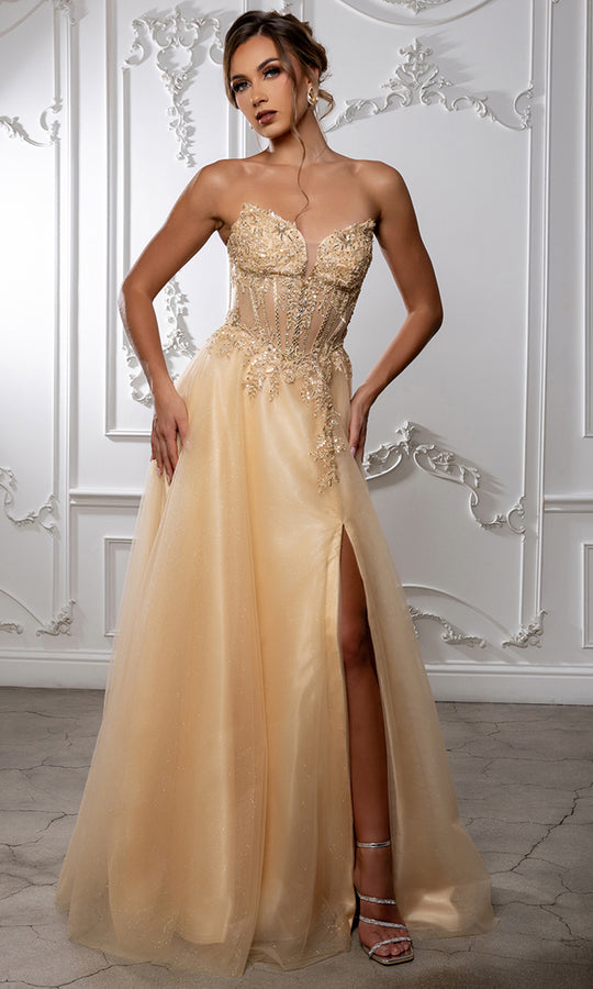 May Queen MQ2222 - Strapless Applique A-Line Evening Gown