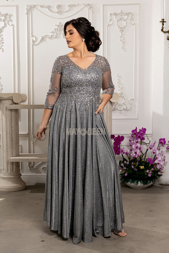 May Queen MQ2227 - Beaded Lace Illusion Sleeve Formal Gown