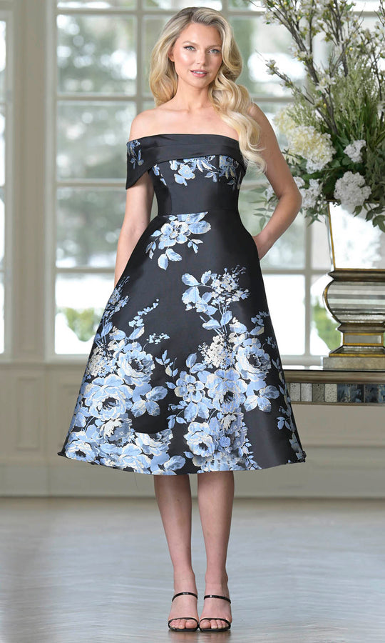 Marsoni by Colors MV1415 - Off Shoulder Tea-Length Floral Dress