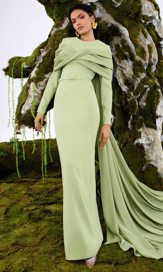 MNM COUTURE N0672 - Draped Cape Column Evening Gown