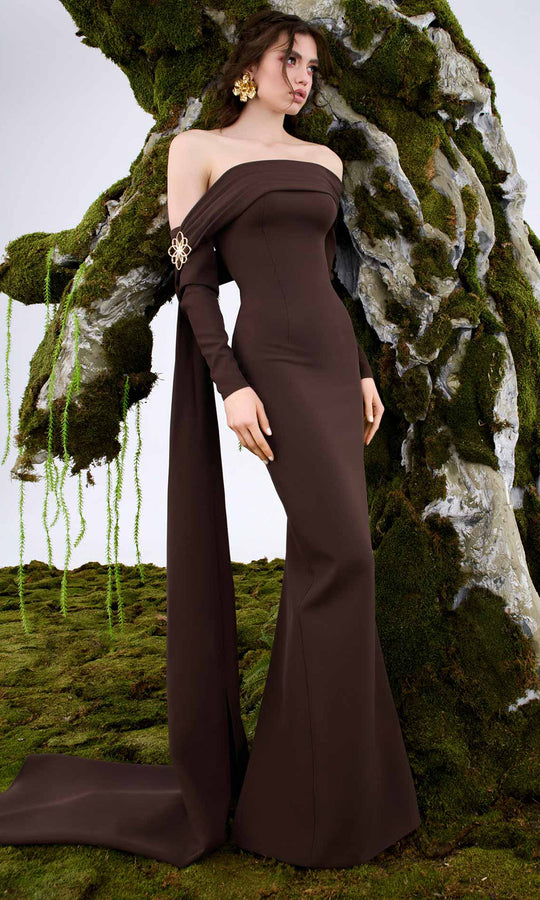 MNM COUTURE N0674 - Off Shoulder Column Gown with Pleated Detail