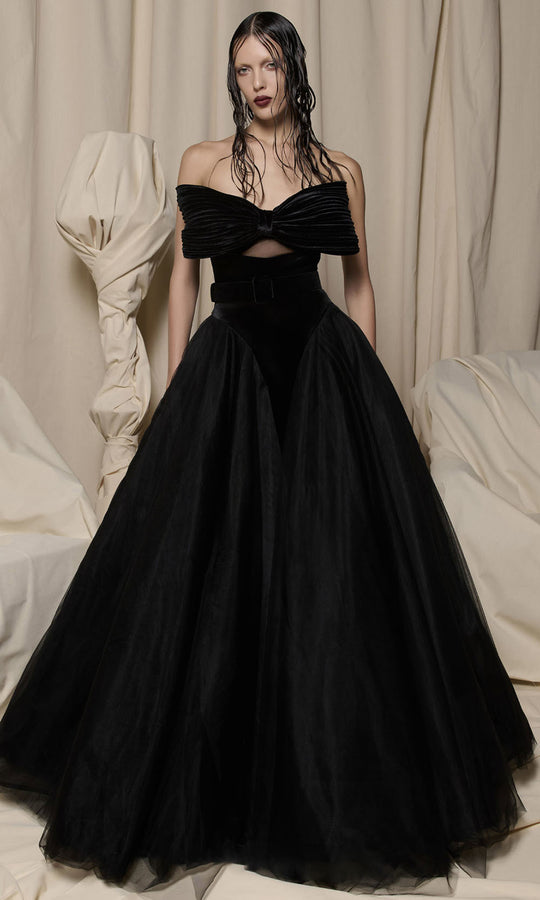 MNM COUTURE N0713 - Pleated Bow Strapless Velvet Ballgown