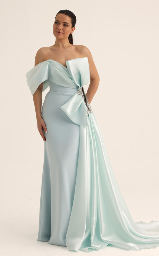 MNM COUTURE O07802 - Asymmetrical Neck Draped Bow Evening Gown