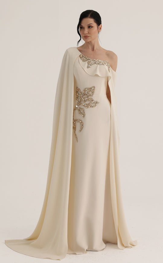 MNM COUTURE O07824 - Jeweled Asymmetric Evening Gown with Cape
