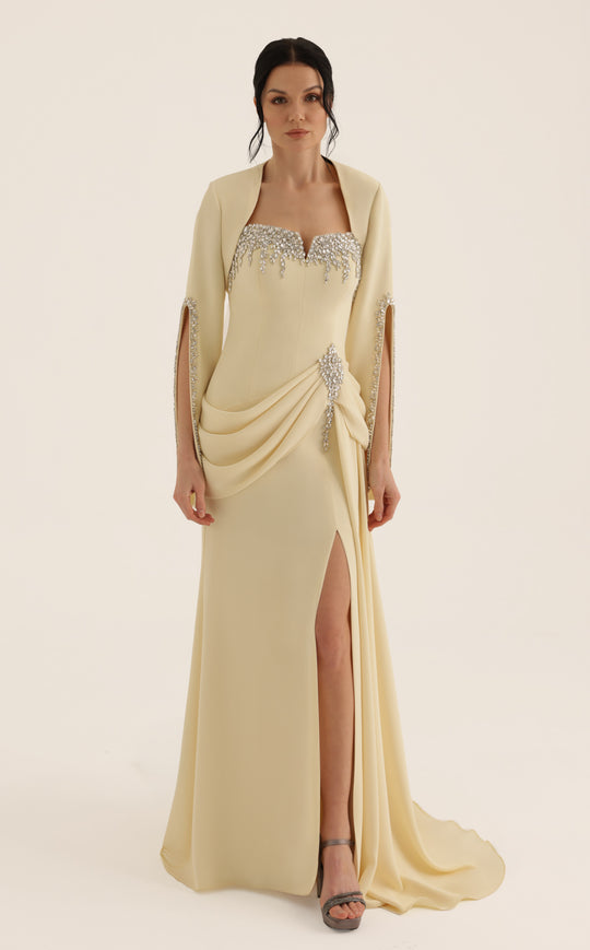 MNM COUTURE O07851 - Crystal Embellished High Slit Evening Gown