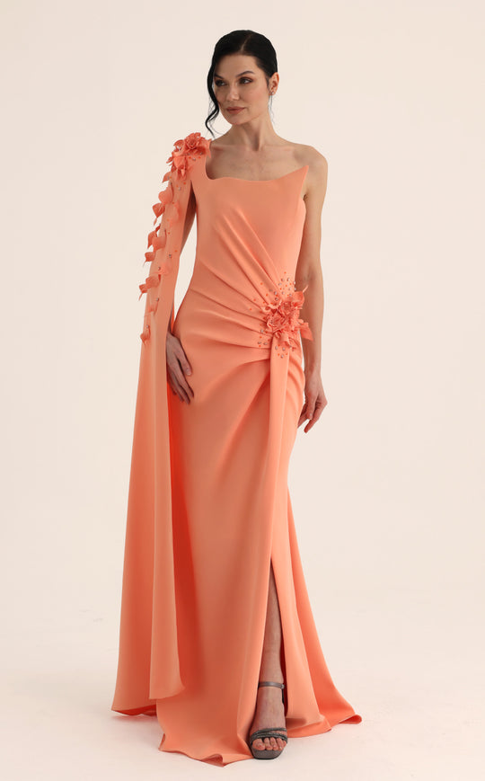 MNM COUTURE O07883 - Floral Sleeve Ruched Sheath Evening Gown