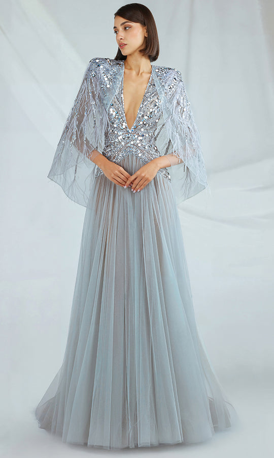 Gatti Nolli Couture OP-7283 - Embellished Cape Plunging V-Neck Gown