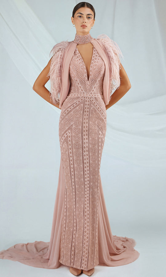 Gatti Nolli Couture OP-7284 - Feather-Trimmed Cape V-Neckline Gown