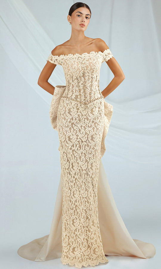 Gatti Nolli Couture OP-7334 - Oversized Bow Lace Off Shoulder Gown