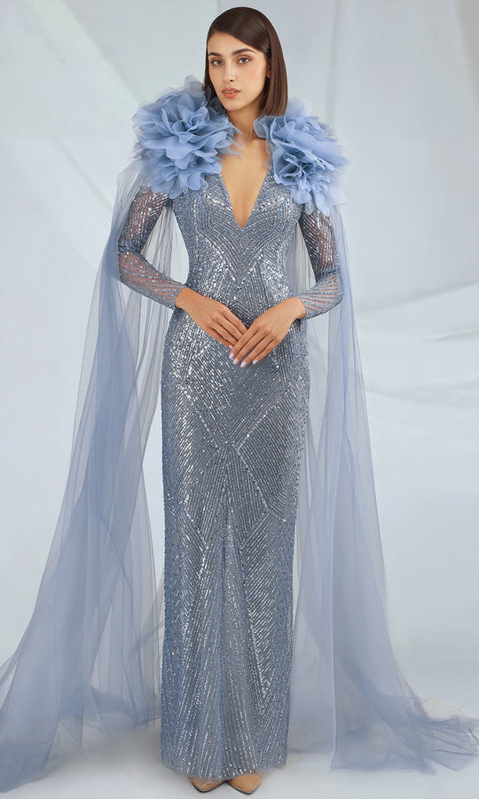 Gatti Nolli Couture OP-7384 - Embellished V-Neck Gown with Cape Detail