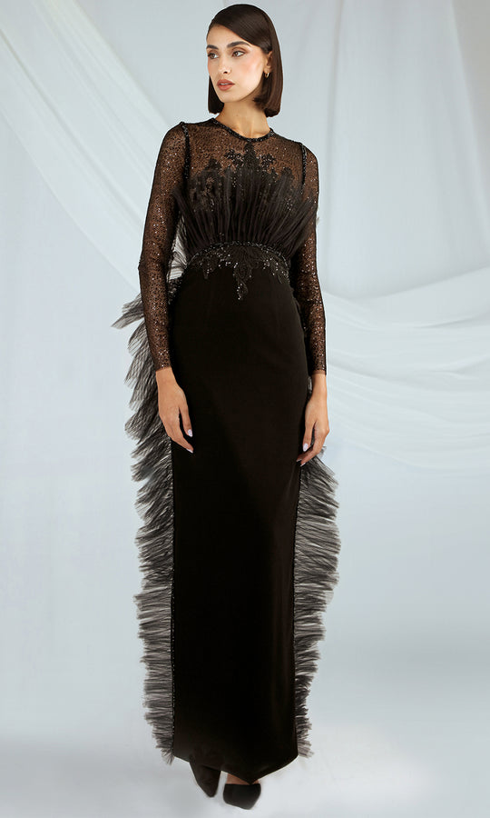 Gatti Nolli Couture OP-7393 - Long Sleeve Feather Trim Column Gown