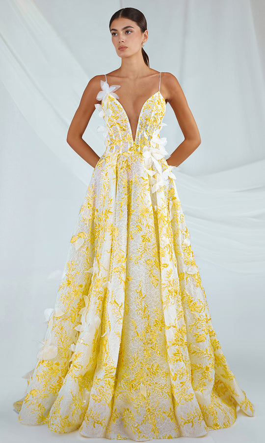 Gatti Nolli Couture OP-7450 - Plunging V-Neck 3D Floral Evening Gown