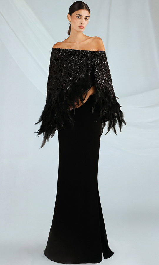 Gatti Nolli Couture OP-7454 - Feathered Cape Sheath Evening Gown