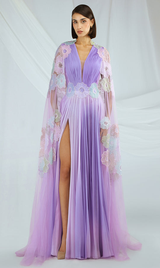 Gatti Nolli Couture OP-7479 - Floral Embroidered Cape Pleated Gown