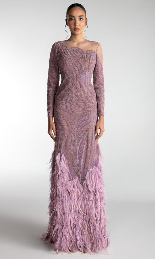 Gatti Nolli Couture OP-7713 - Feathered Hem Illusion Jewel Gown