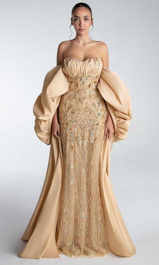 Gatti Nolli Couture OP-7723 - Sculptural Cape Sweetheart Beaded Gown