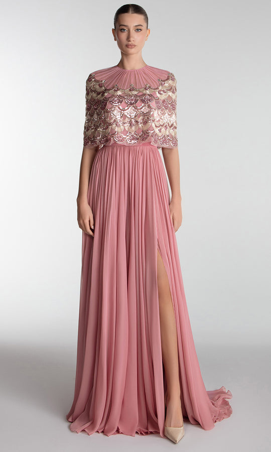 Gatti Nolli Couture OP-7724 - Scallop Sequin Capelet Evening Gown