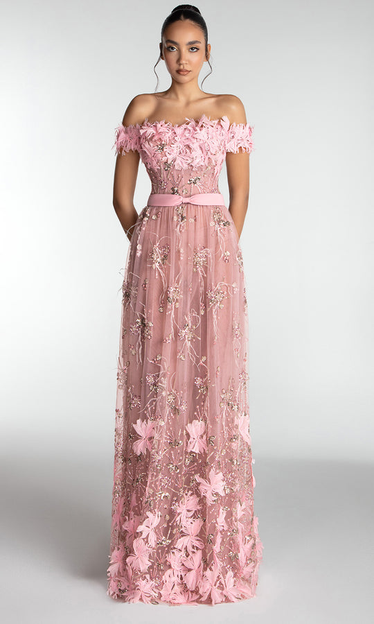 Gatti Nolli Couture OP-7726 - Feather Accent Off Shoulder Tulle Gown