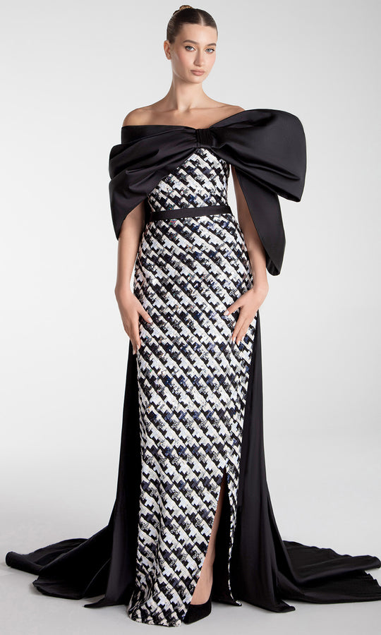 Gatti Nolli Couture OP-7728 - Taffeta Bow Off Shoulder Tweed Gown