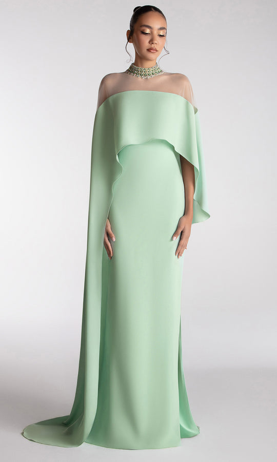 Gatti Nolli Couture OP-7734 - Asymmetric Cape Overlay High Neck Gown