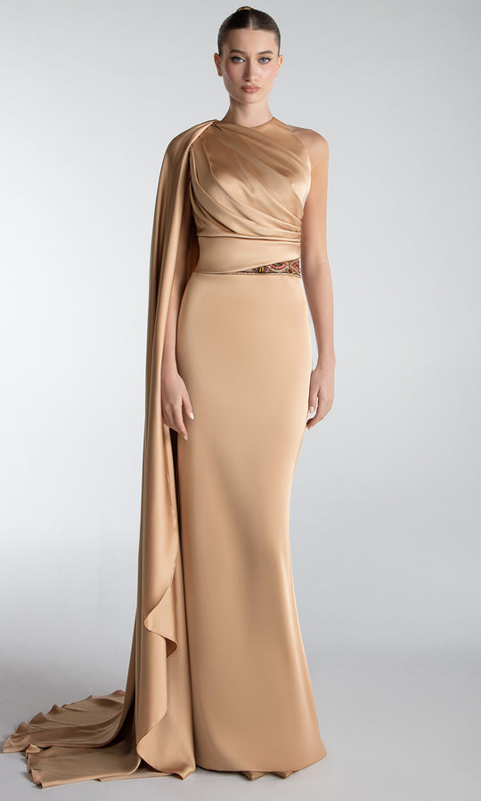 Gatti Nolli Couture OP-7735 - Draped Cape Satin Evening Gown