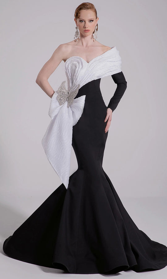MNM Couture F02907 - One Sleeve Mermaid Gown with Butterfly Brooch