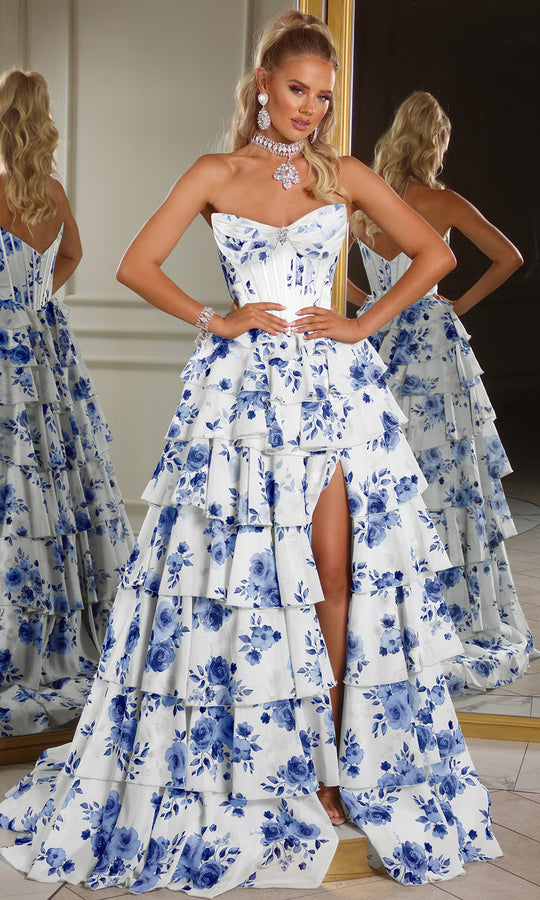 Portia and Scarlett PS25966 - Floral Print Tiered A-Line Gown