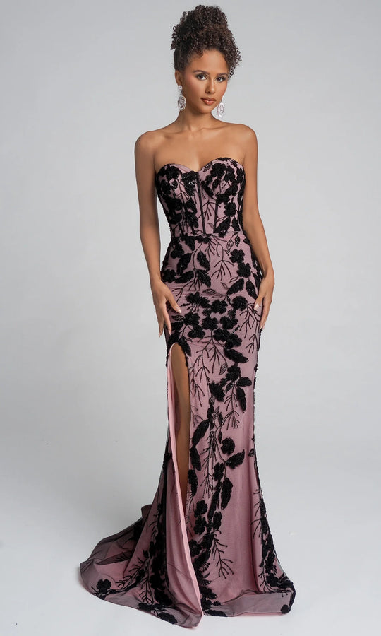 Portia and Scarlett PS26074 - Embroidered Floral Side Slit Gown