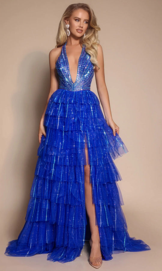 Portia and Scarlett PS26117 - Embellished Halter Ruffle Prom Gown