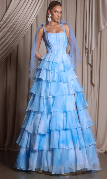 blue strapless tulle dress Marchesa Notte Imola Sleeve Long Gown, 4 / Blue main image 1