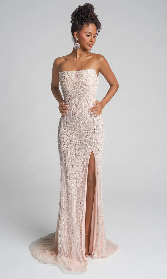 Portia and Scarlett PS26277 - Pearl Beadwork Straight Neckline Dress