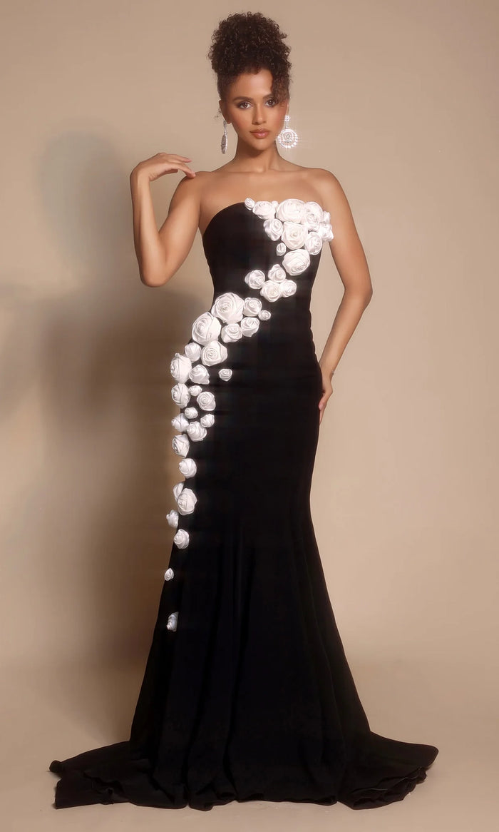 prom dress with rosettes Portia and Scarlett PS26305E - Long Trumpet Dress
