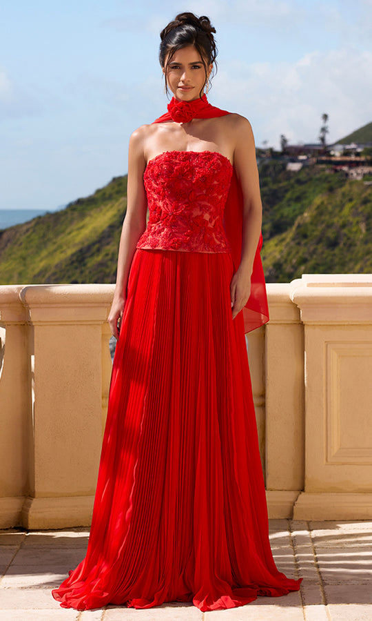 Portia and Scarlett PS26902E - Floral Embroidered Pleated A-Line Gown