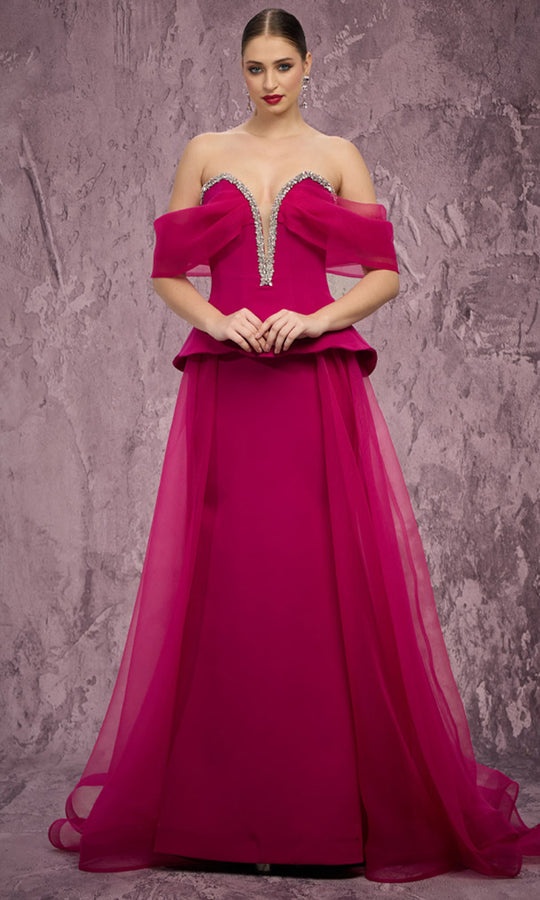 MNM COUTURE Q1010 - Off Shoulder Evening Gown with Beaded Trim