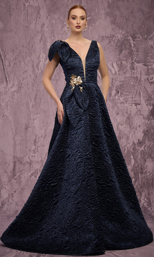 MNM COUTURE Q1150 - Plunging V-Neck Brocade Ballgown