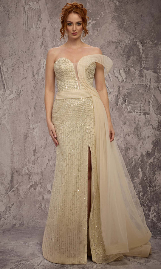 MNM COUTURE Q1405 - Plunging Sweetheart Beaded Overskirt Gown