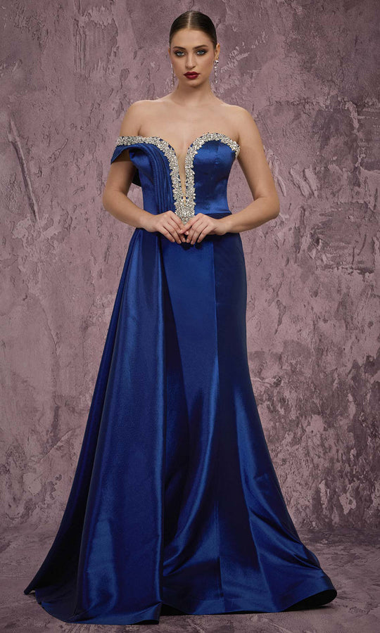 MNM COUTURE Q2414 - Crystal Embellished Plunging Evening Gown
