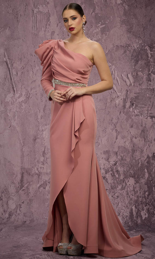 MNM COUTURE Q2851 - One Sleeve Draped Evening Gown