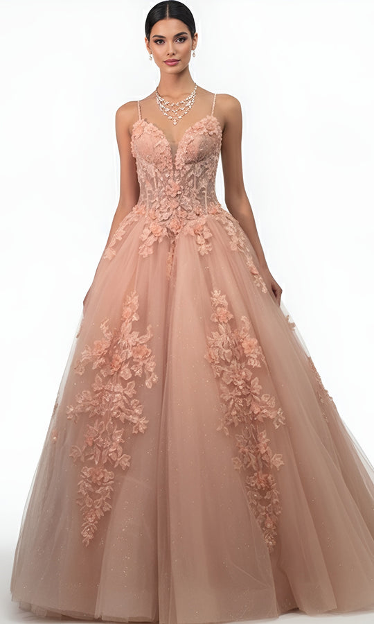 Jovani Q43431 - Floral Embroidered Spaghetti Strap Ballgown